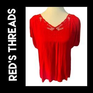Reds Threads Red B-Neck Shortsleeve Floral Lace 100% Rayon Blouse Size Large NWO